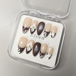 Brown and White Almond Shape Handmade Press-On Nails